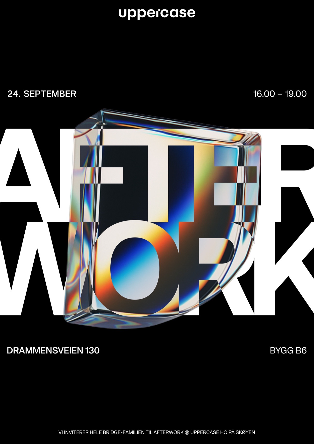 Afterwork invitation for uppercase: wide white AFTER WORK typography behind a glassy, iridescent 3D block on a black background.