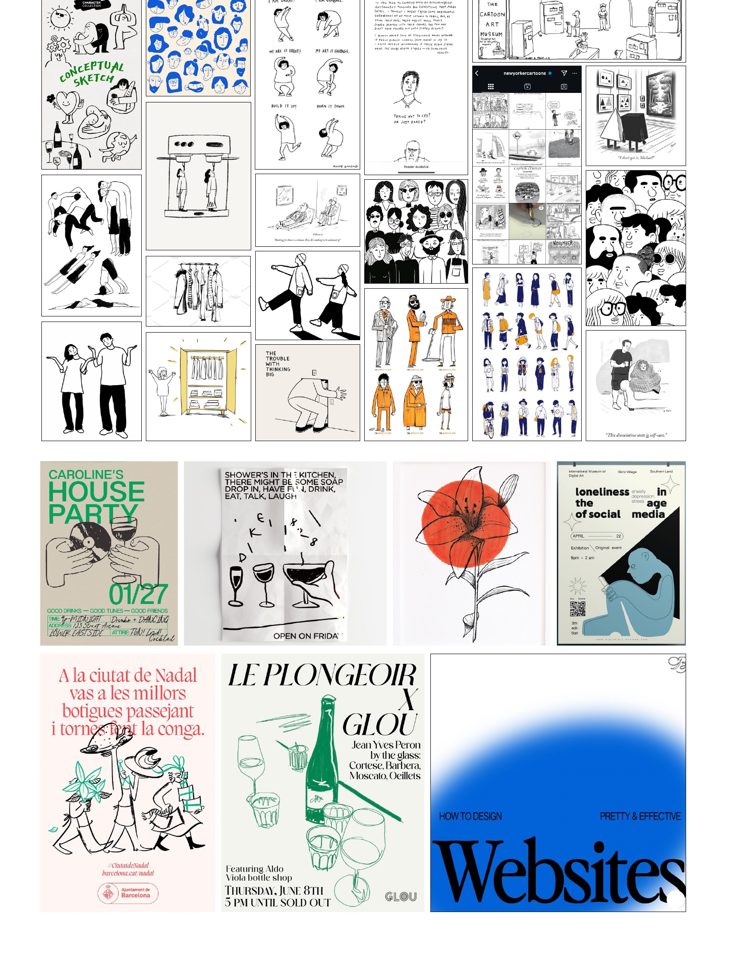 Moodboard med håndtegnede illustrasjoner og plakatreferanser