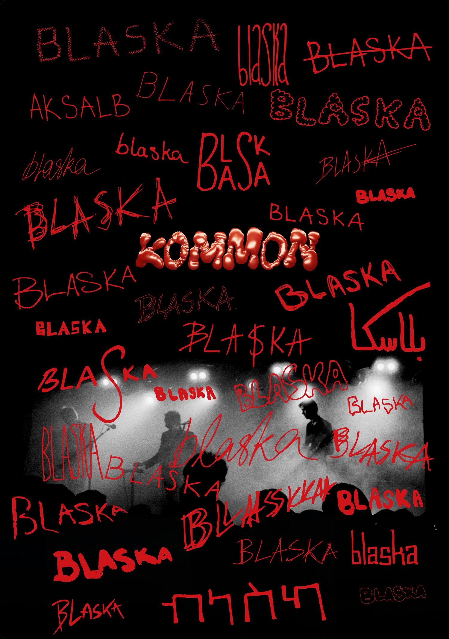 The front cover of Blaska: a dense wall of red hand-written BLASKA variants around the KOMMON logo