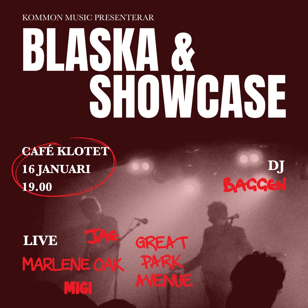 Invitation to 'Blaska & Showcase' at Café Klotet on January 16, artist names hand-written in red