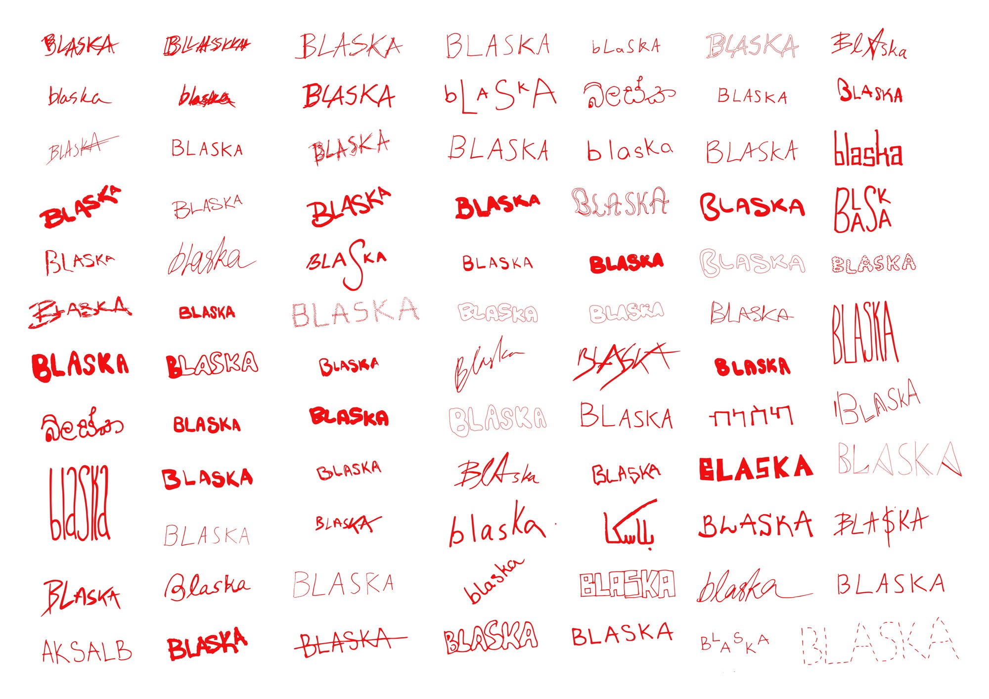 The logo book: 82 hand-written BLASKA variants in red on white, all different