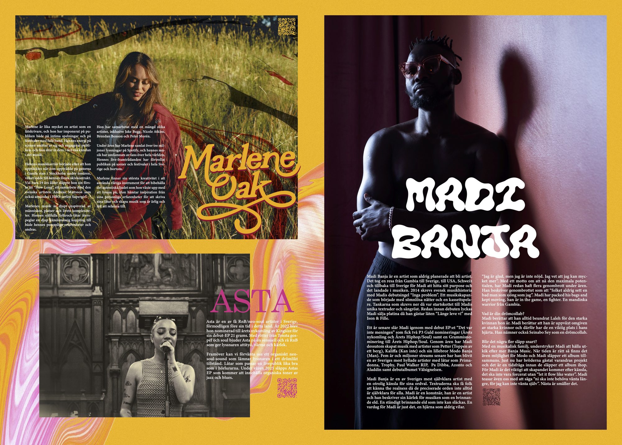 Spread featuring the artists Marlene Oak, Asta, and Madi Banja, each with their own logotype