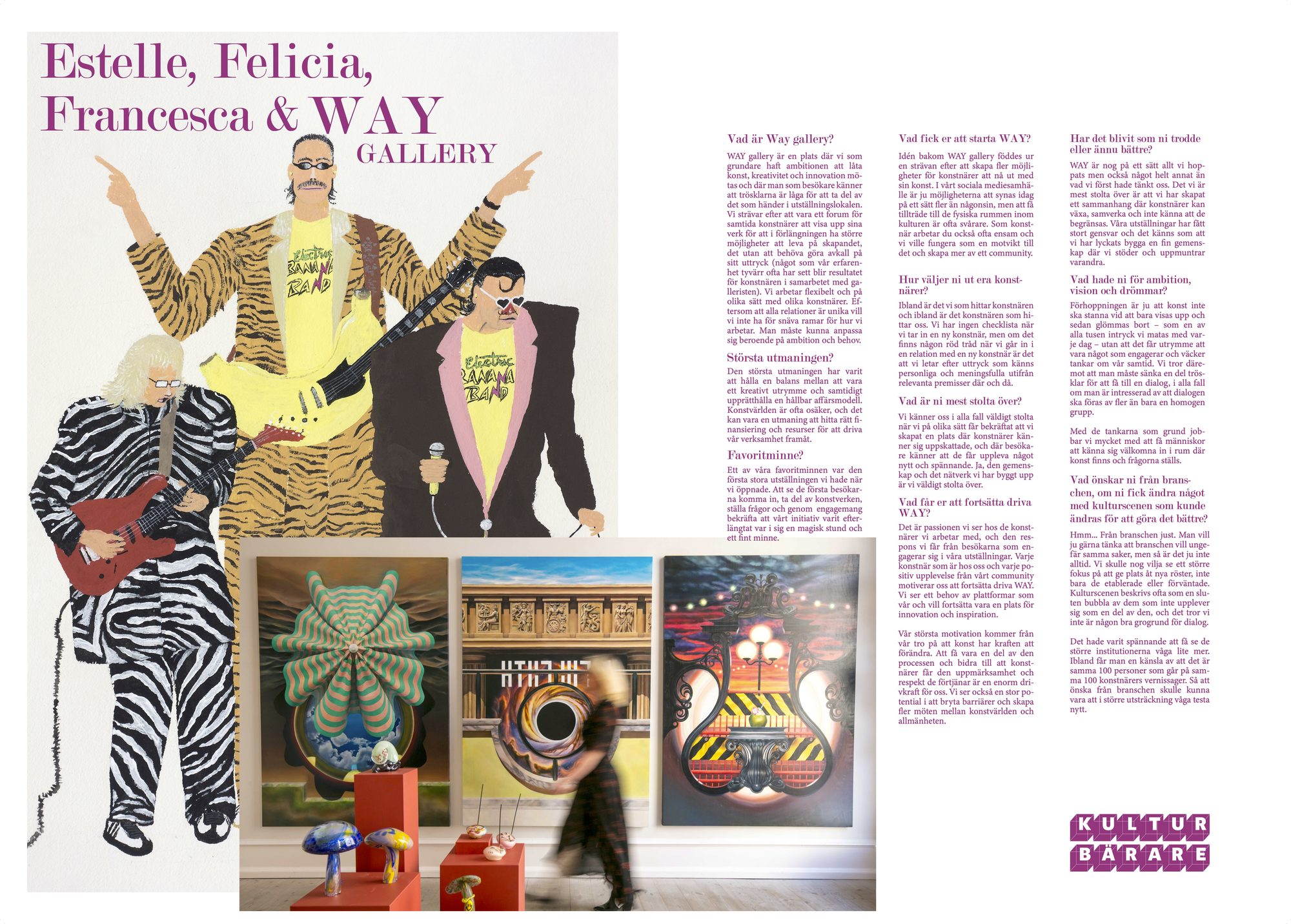 Spread about the gallerists behind WAY Gallery, with hand-painted figures and artwork from the show