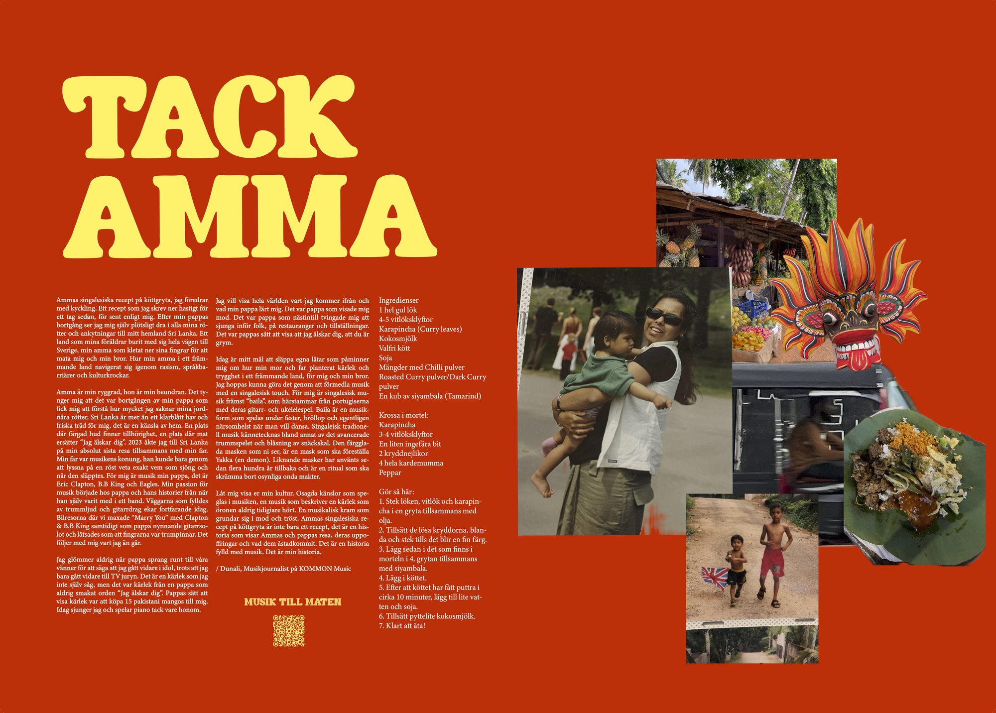 The 'Tack Amma' spread: a music journalist's tribute to their mother, set in large yellow display type on red