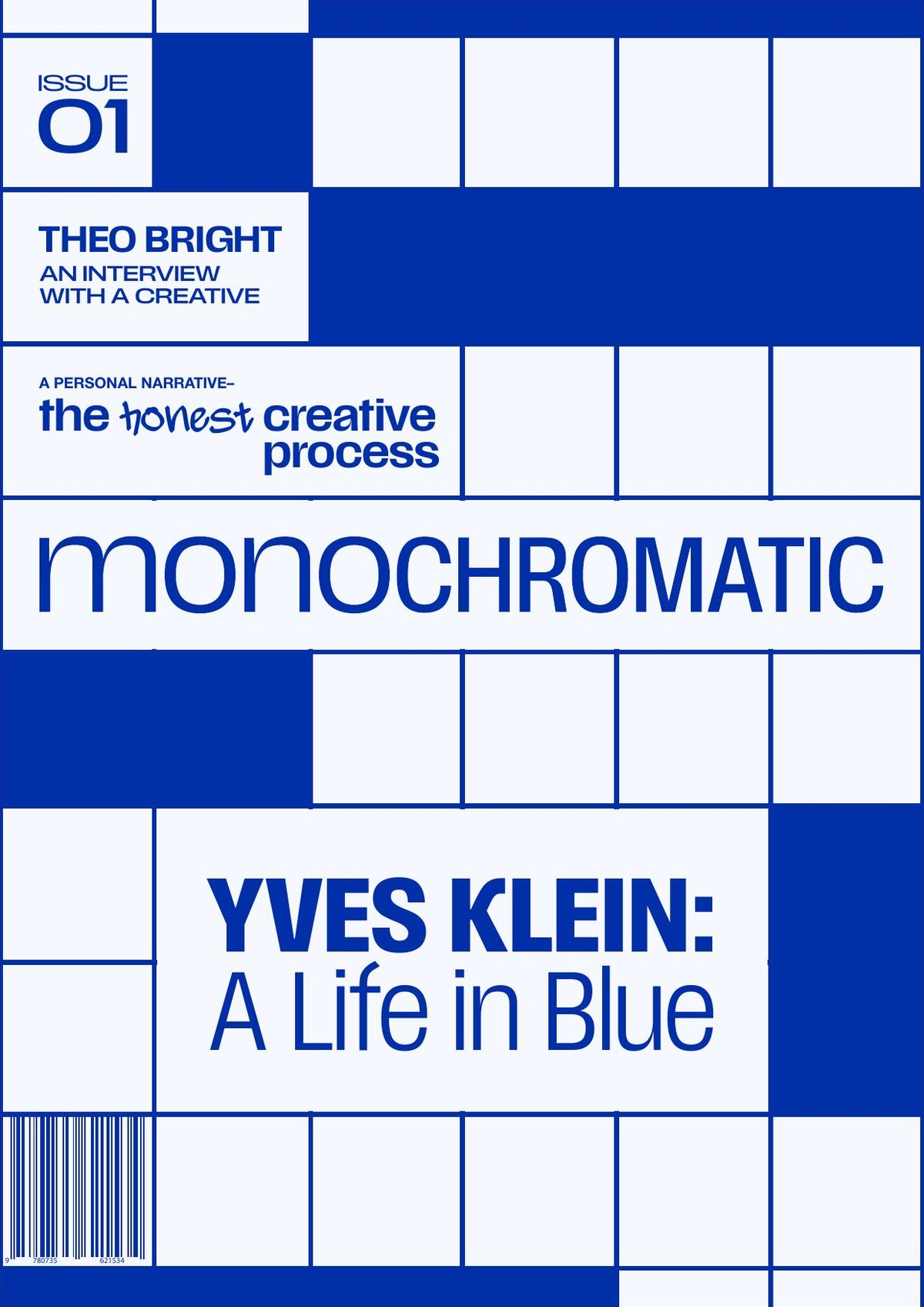 The Monochromatic Issue 01 cover, laid out as a crossword grid filled in blue and off-white, with the wordmark and the headline Yves Klein: A Life in Blue