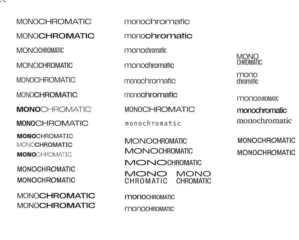 A grid of digital wordmark iterations, weighting the word MONO against CHROMATIC in different cases and sizes