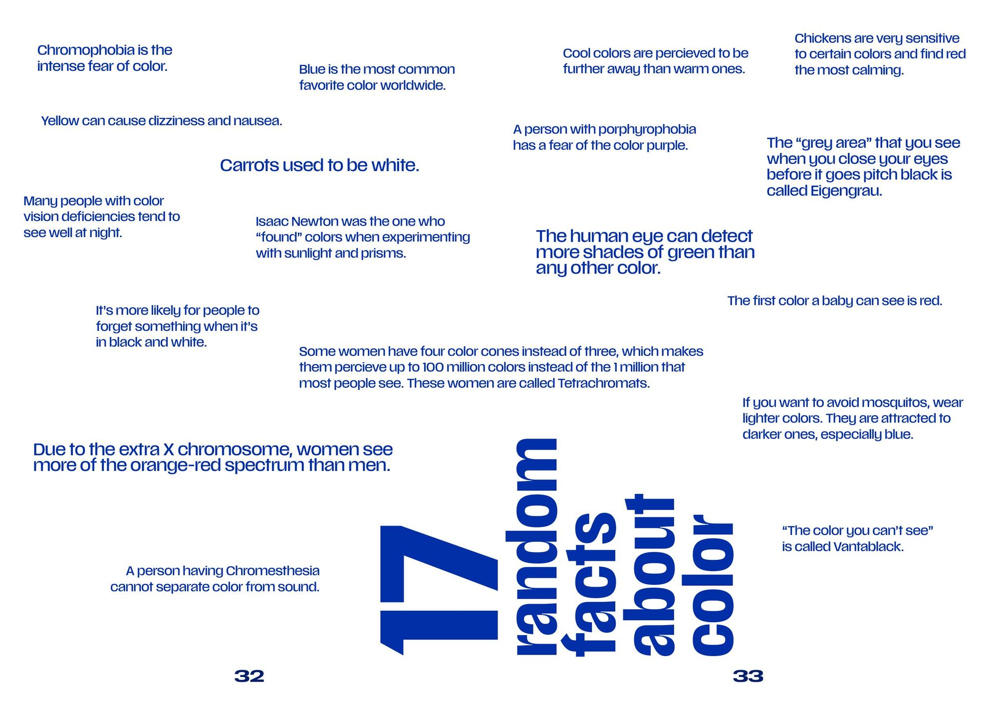 Spread titled 17 random facts about color, set as short blue notes across two white pages
