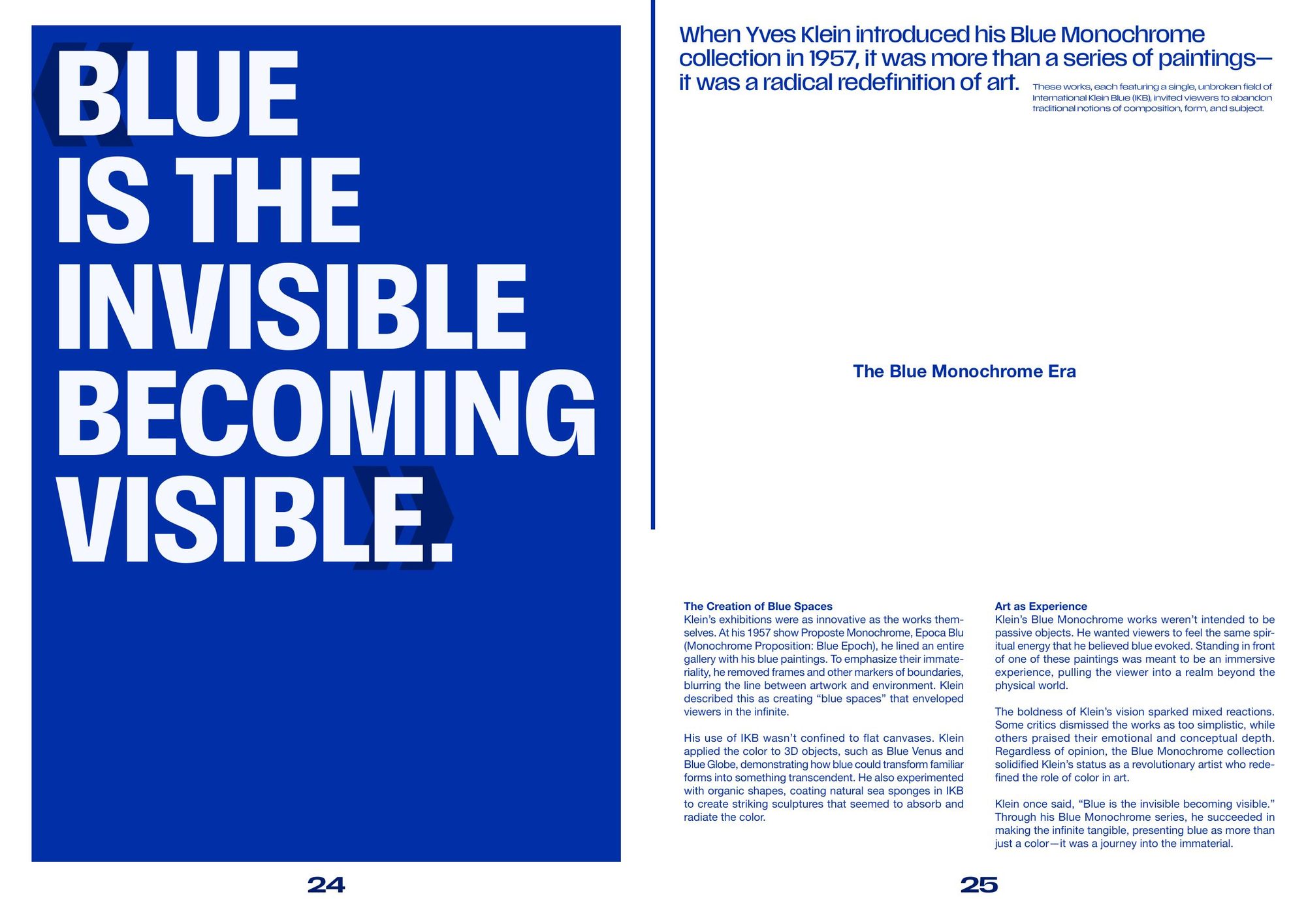 Spread with a full blue page reading Blue is the invisible becoming visible, facing a column of body copy about the Blue Monochrome era