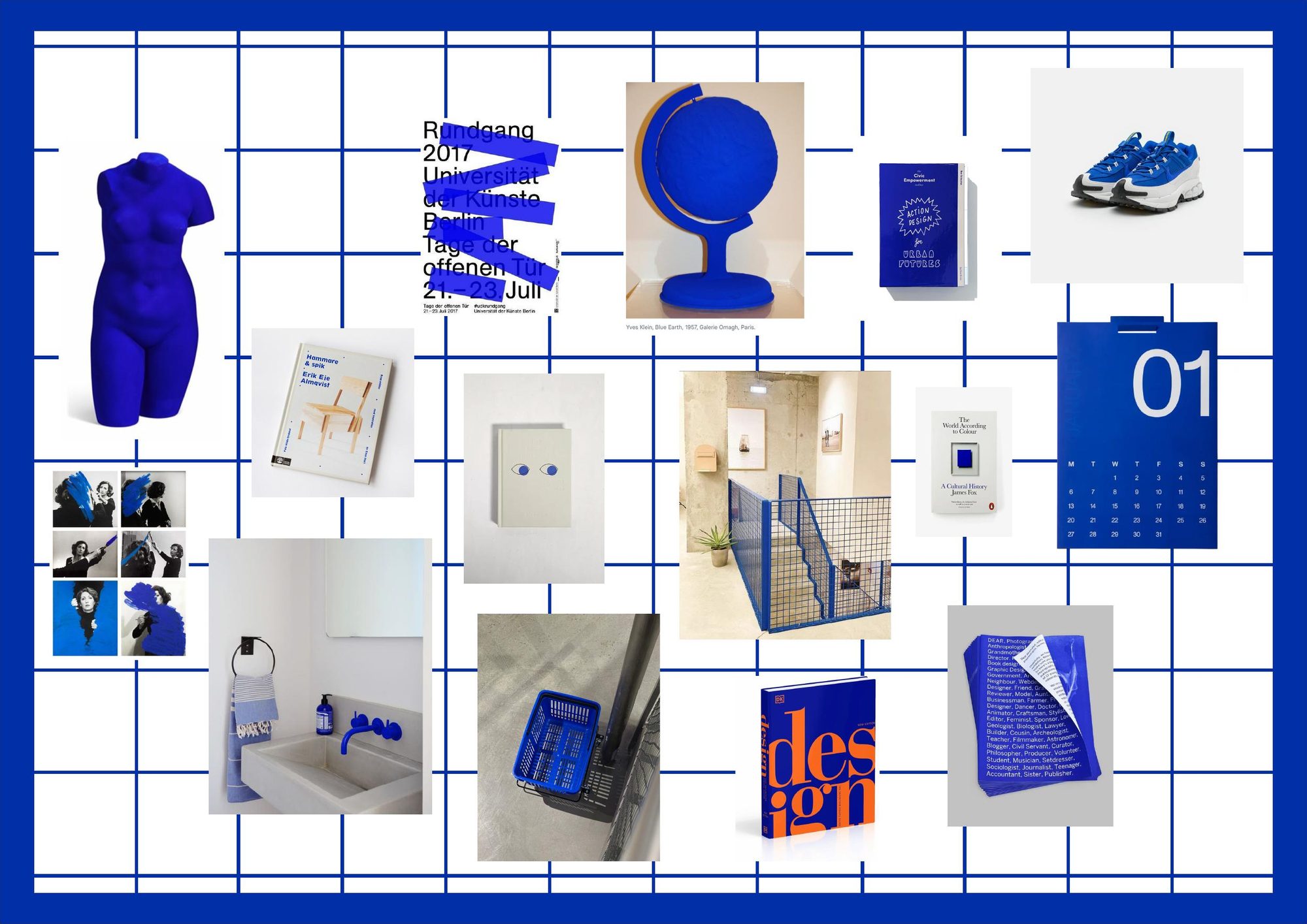 A grid spread of blue objects: a Klein-blue torso, a globe, sneakers, a passport, sculptures and prints, all in International Klein Blue