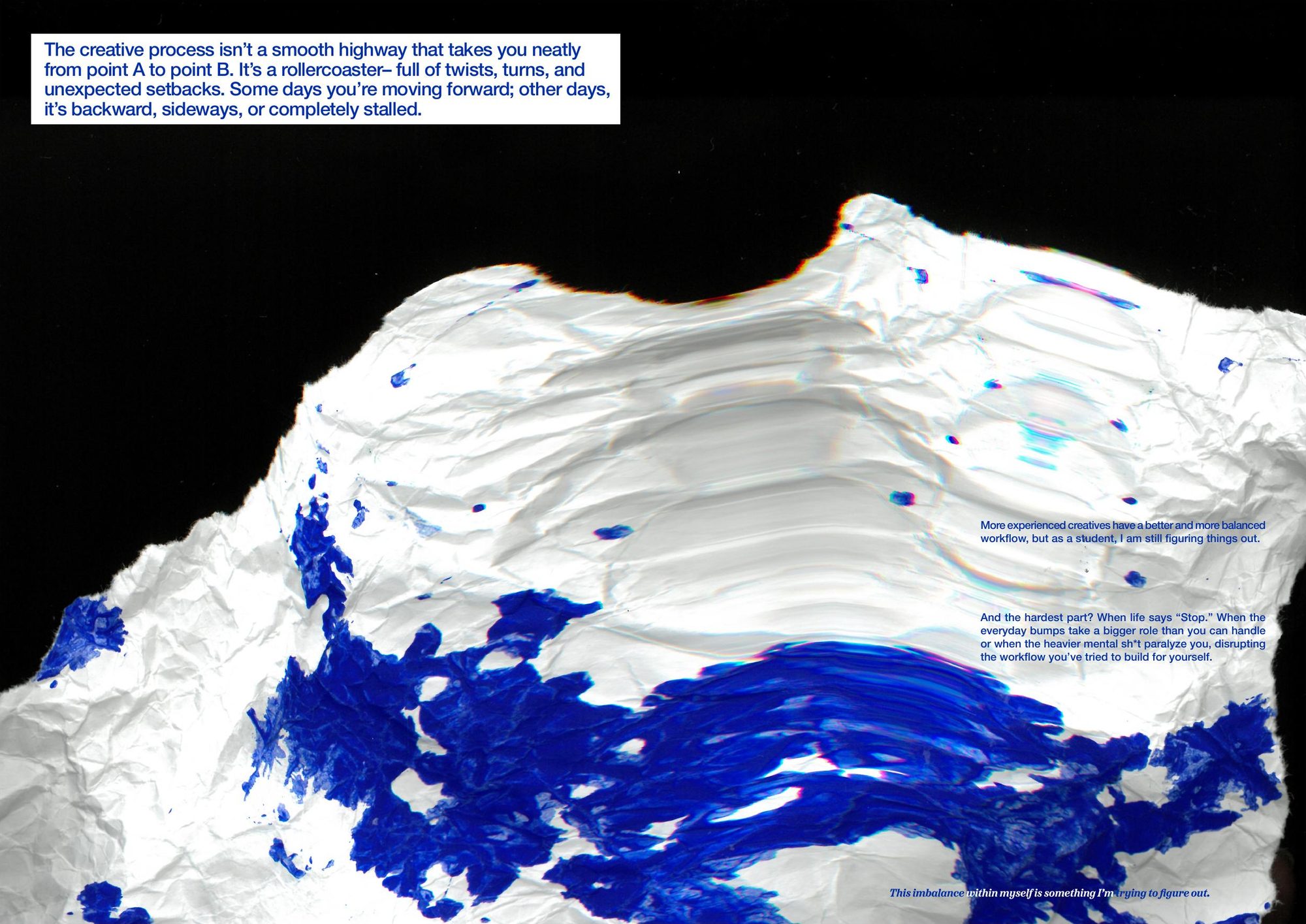 Editorial spread: a sculpted ridge of white and Klein-blue paint on black, with the line the creative process isn't a smooth highway