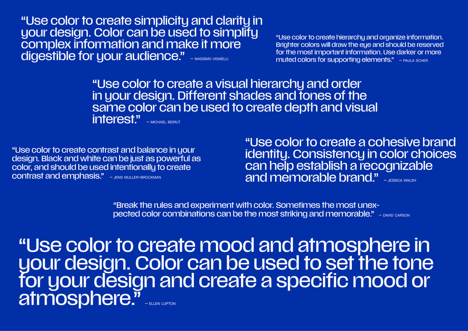 Spread filled edge to edge with Klein blue, carrying seven white quotes from designers on how to use color, the largest running across the foot of both pages