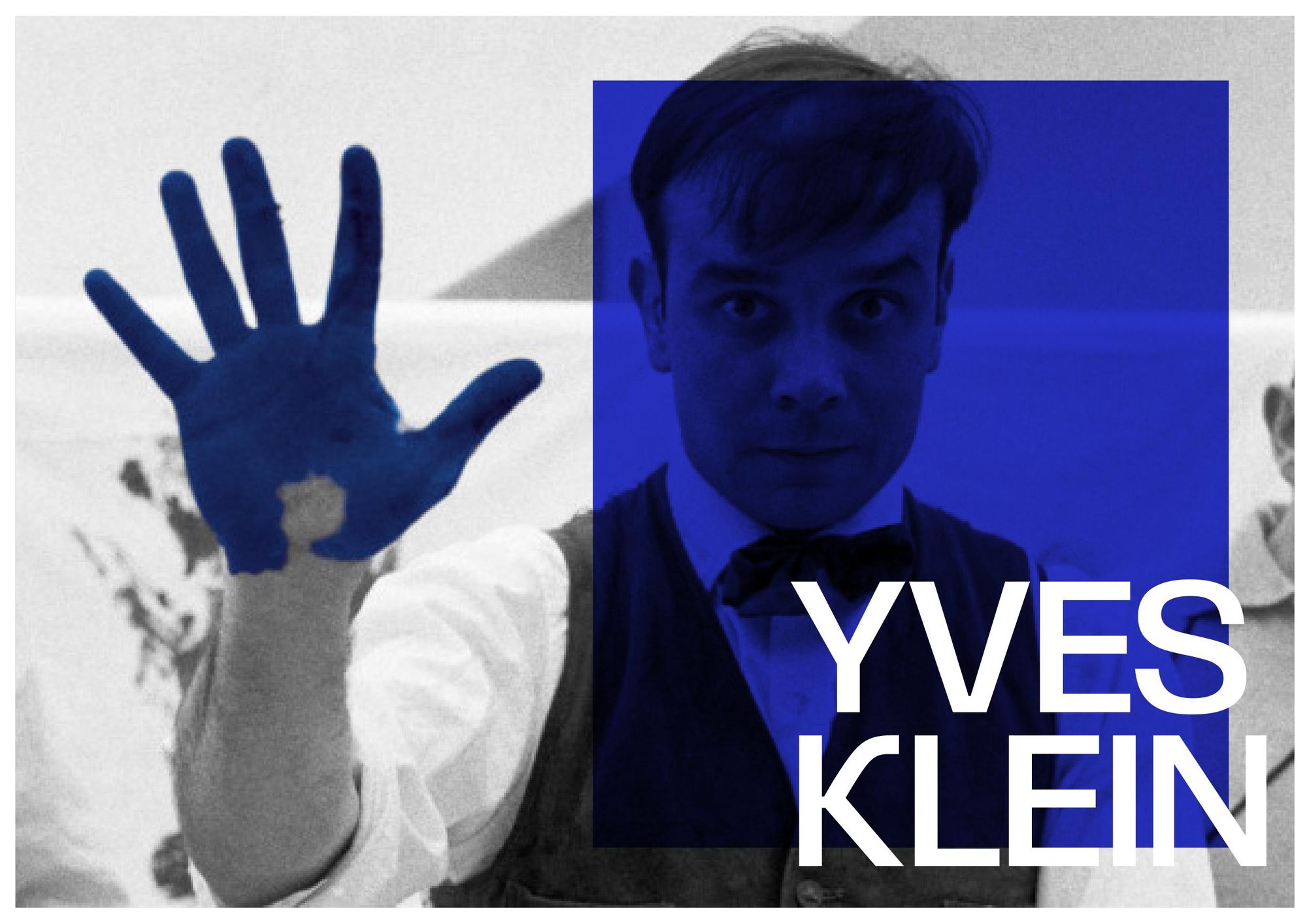 Feature spread: a black-and-white portrait of Yves Klein pressing a blue-painted hand toward the camera, with his name set large