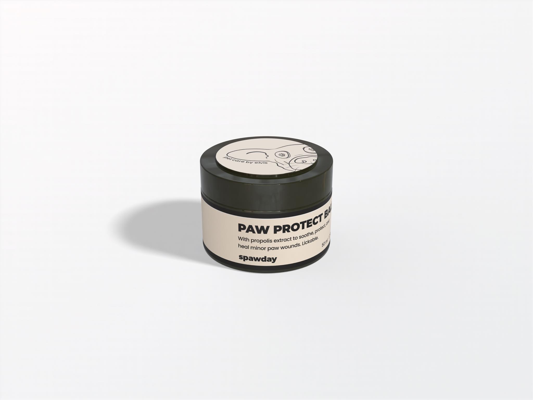 Paw Protect Balm: an olive jar with a cream label, the line-drawn dog face moved onto the lid instead of the front