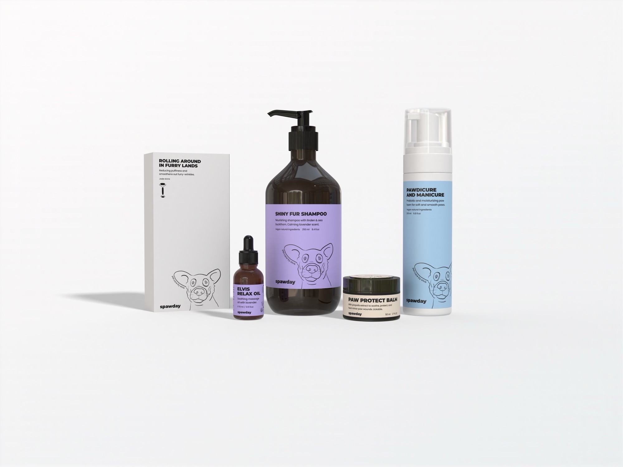 The full Spawday line: the shampoo, paw foam, relax oil, protect balm and jade-roller kit box, each label built on the same layout