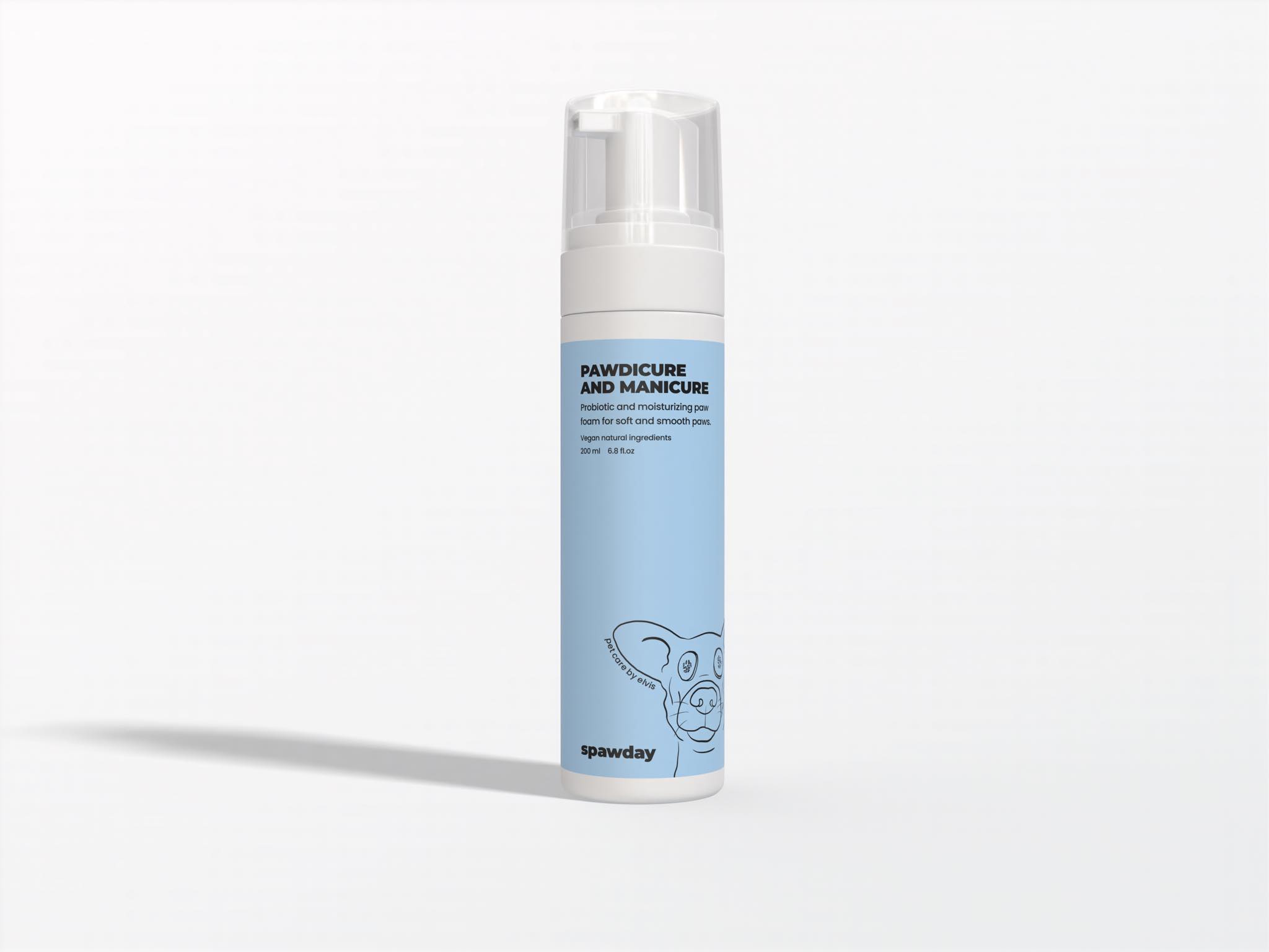 Pawdicure and Manicure: a tall white foam pump with a soft-blue label carrying the same layout as the shampoo