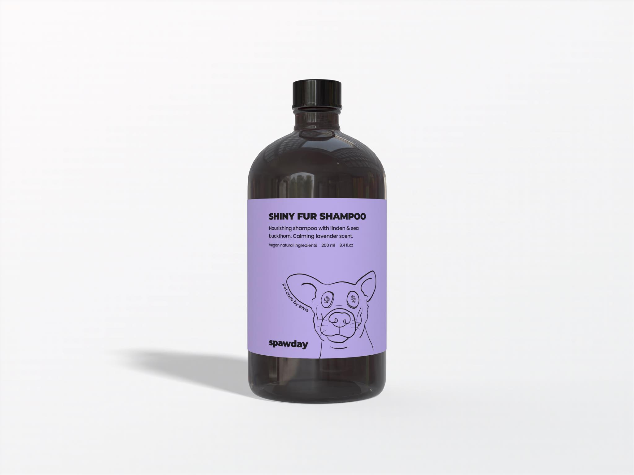 Shiny Fur Shampoo: an amber bottle with a lavender label, the product name set large above the details and the line-drawn dog face below