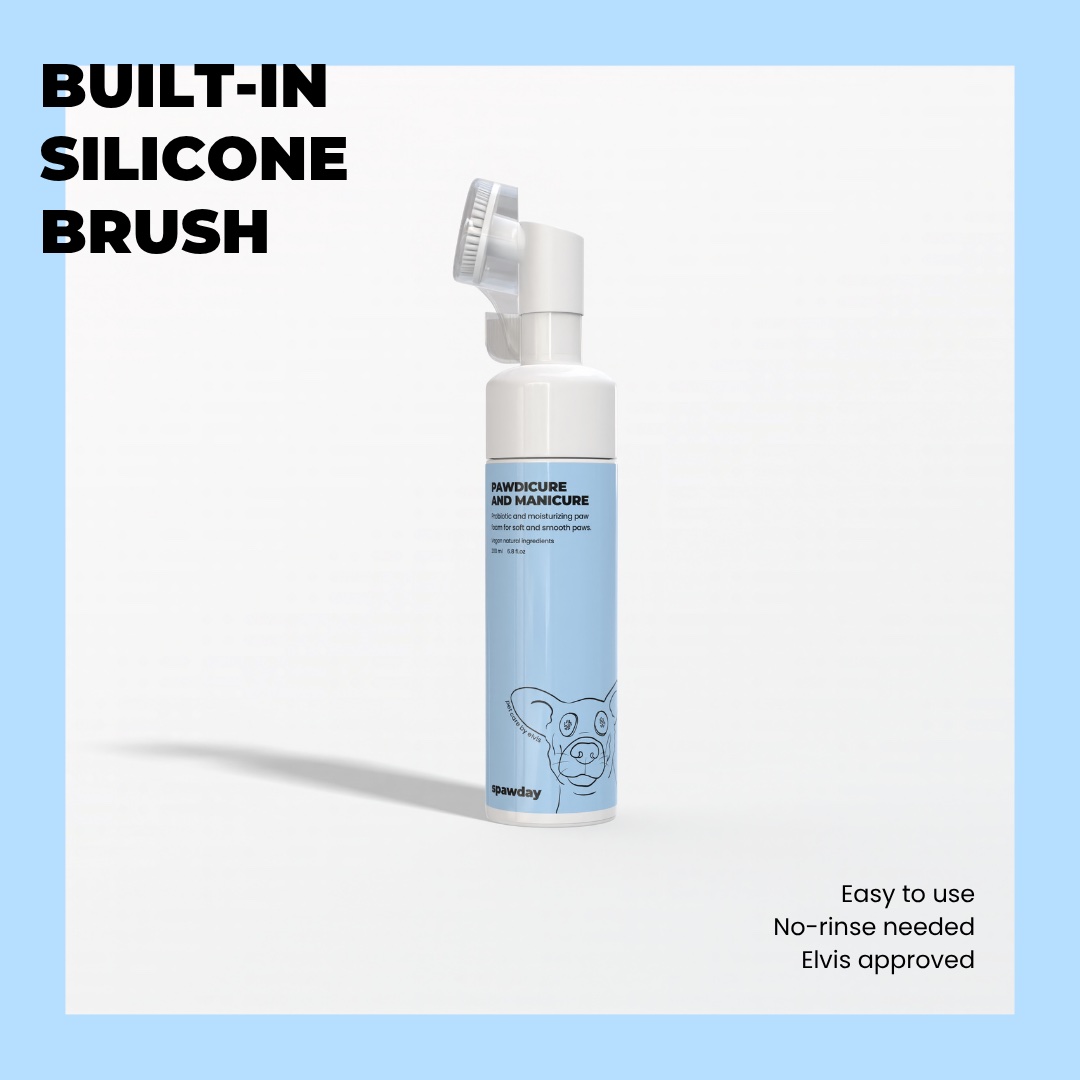 Product post for the paw foam on a blue frame: built-in silicone brush