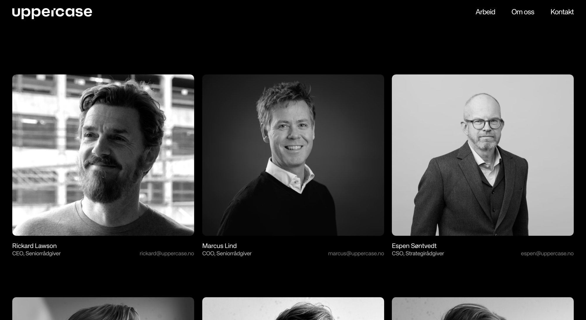 The contact page on uppercase.no: the team in a grid of black-and-white portraits, each with name, role, and email