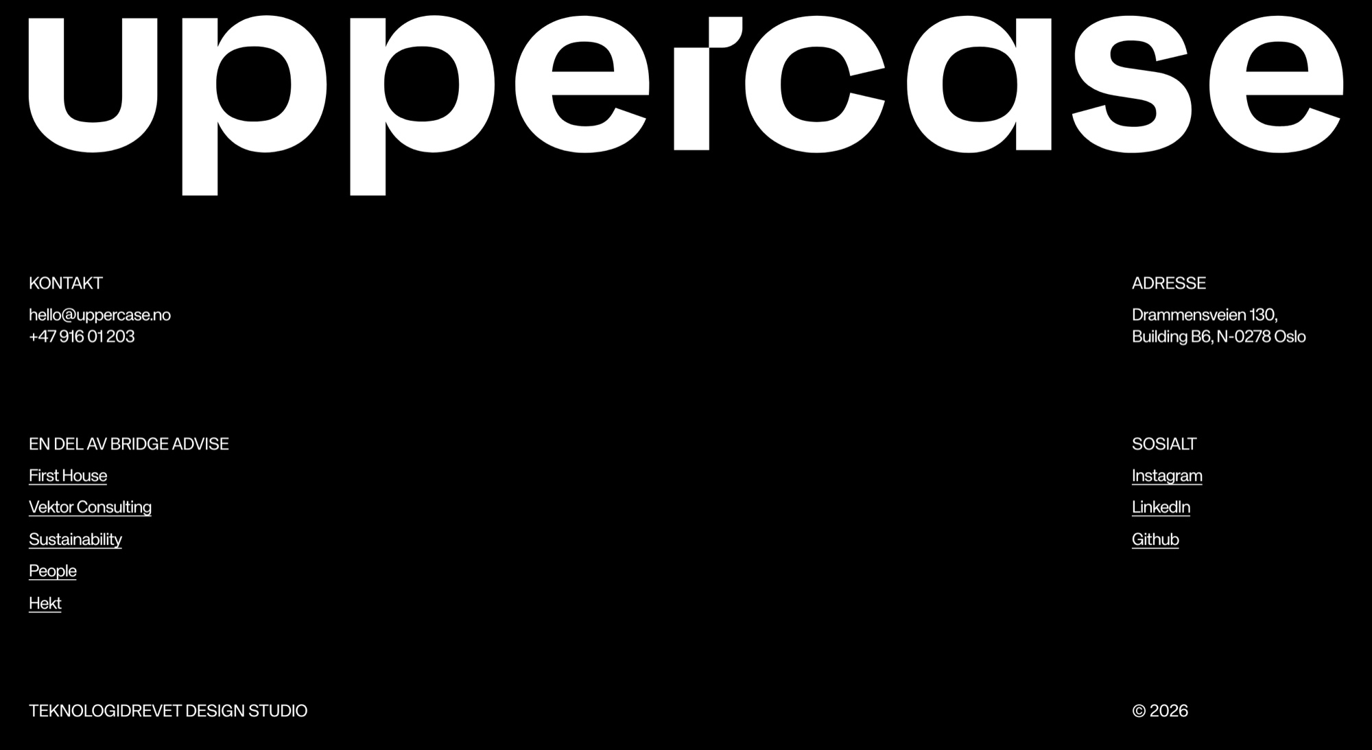 The footer on uppercase.no: the 'uppercase' wordmark large on black, with contact info, address, and links below
