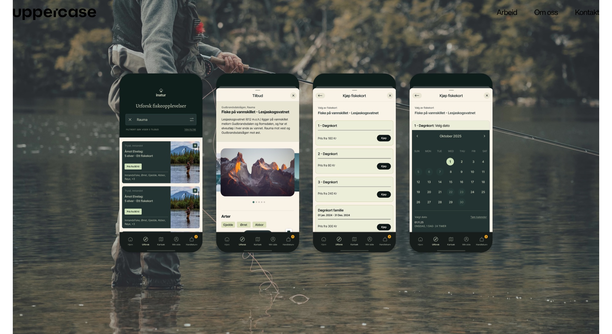 The Inatur case on uppercase.no: four app screens from the fishing-license app Napp, set over a photo of a fly fisher in the river